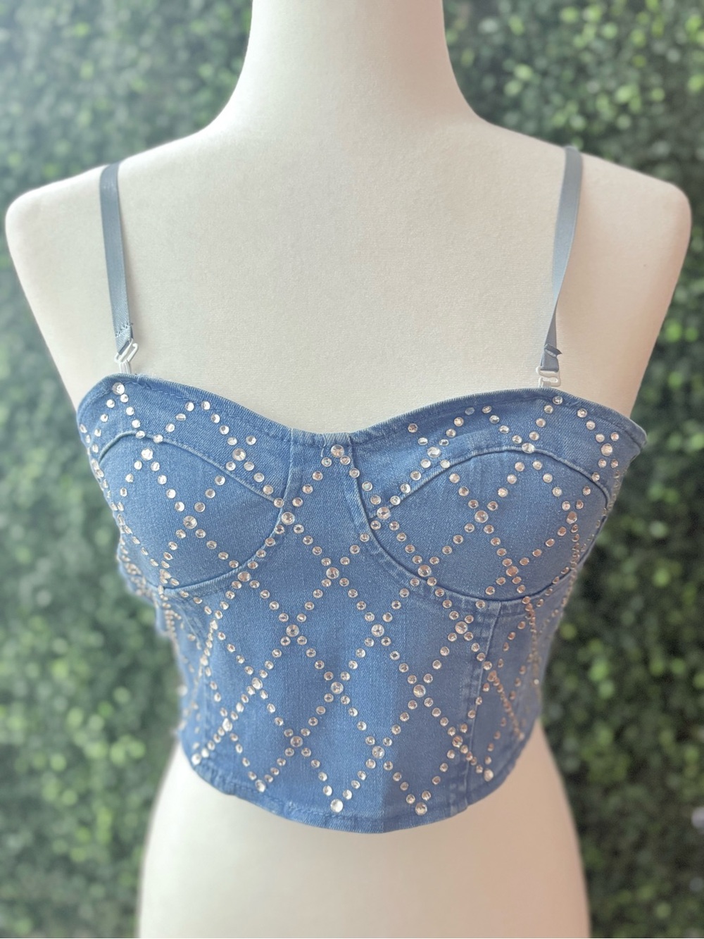 SHEIN Blue Denim Studded Bustier Crop Top